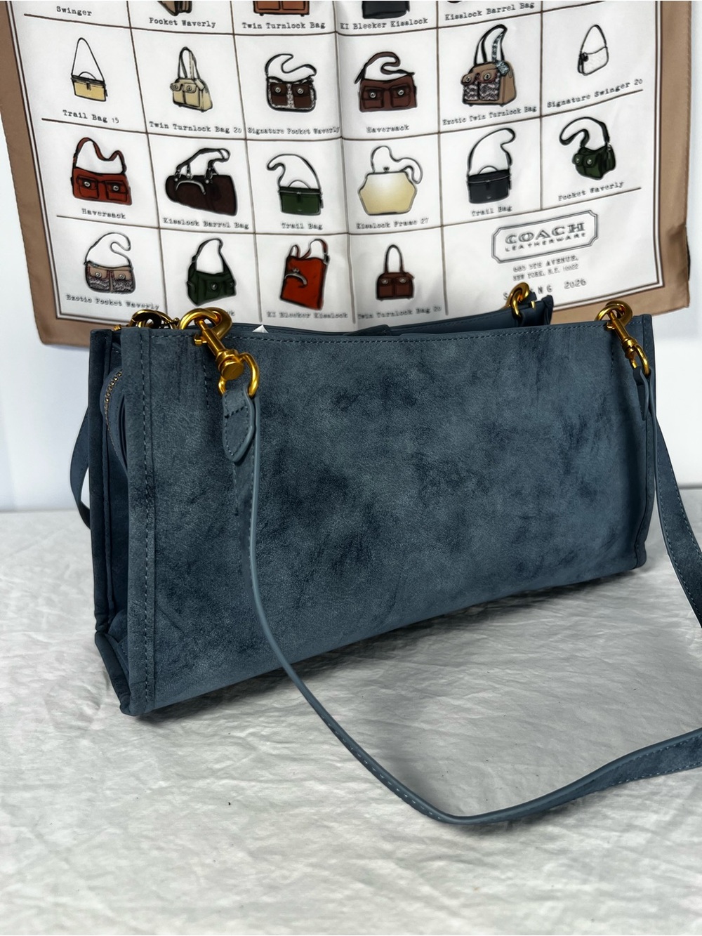 Faux Suede East-West Shoulder Bag Satchel Blue PU